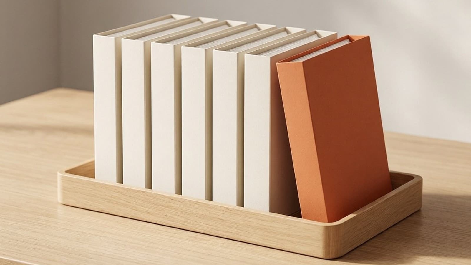 White folders standing upright in an oak desk tray, with one terracotta orange folder tilted forward out of the row