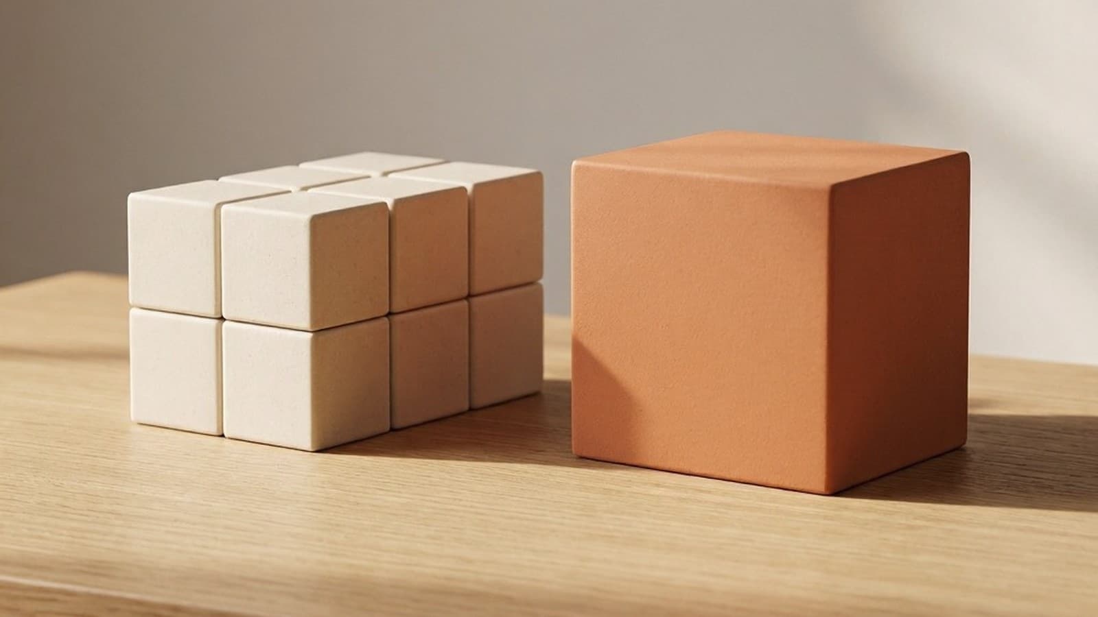 A tight block of eight small identical cream ceramic cubes on an oak surface, beside one much larger terracotta cube