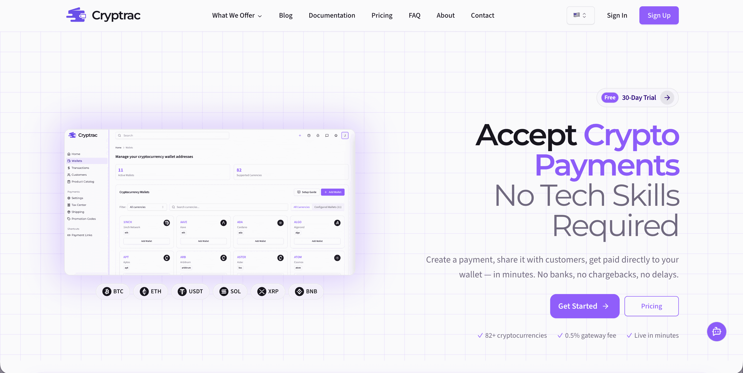 Cryptrac homepage showing the 'Get paid in crypto' hero and supported networks