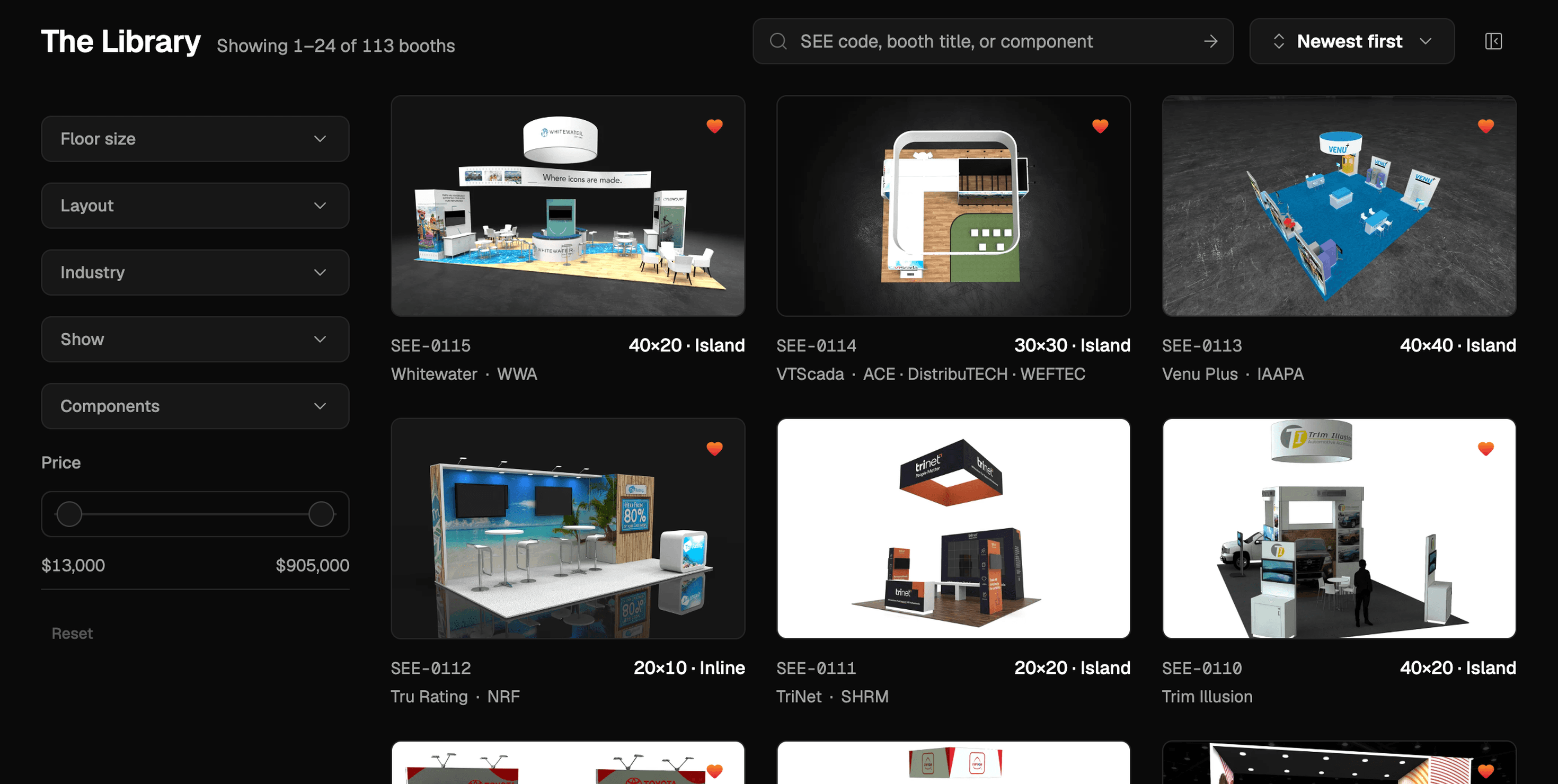 The Library grid with search, filters, and booth cards