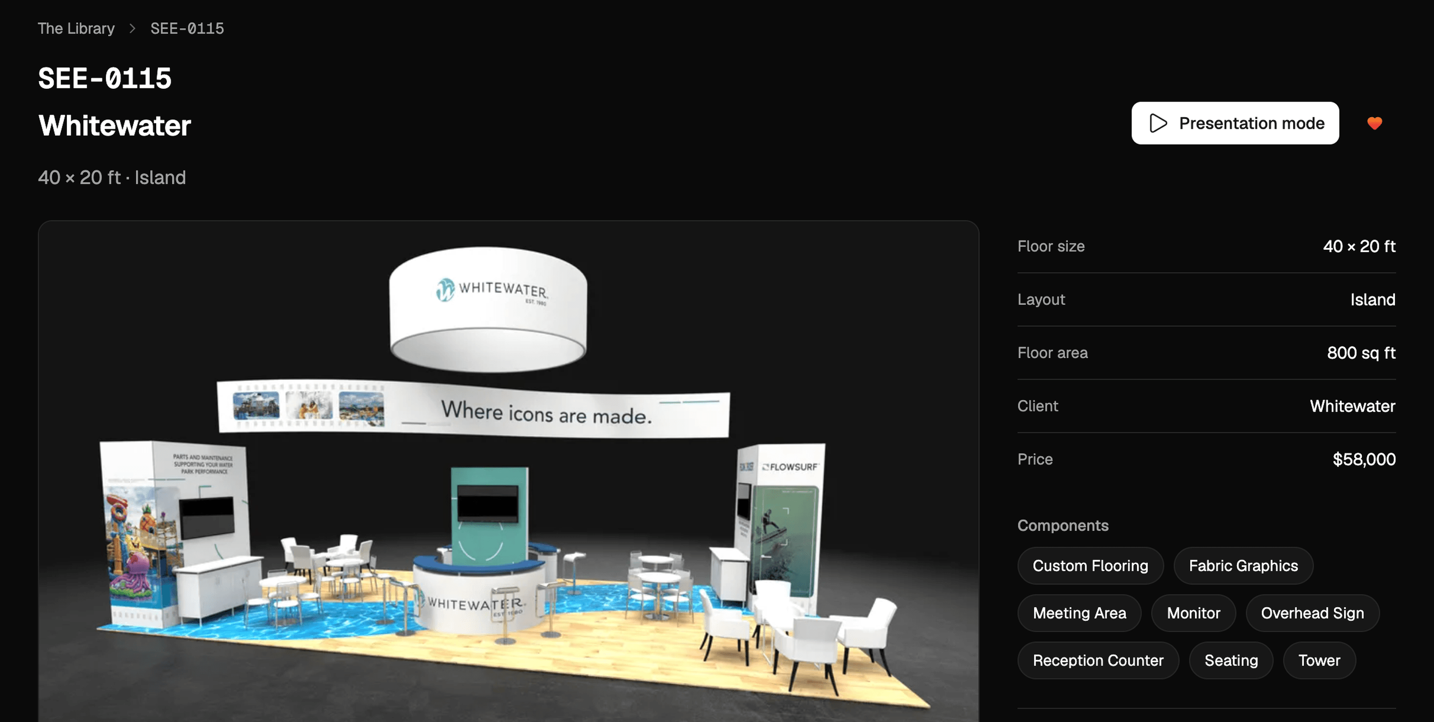 Whitewater booth detail with specifications and components