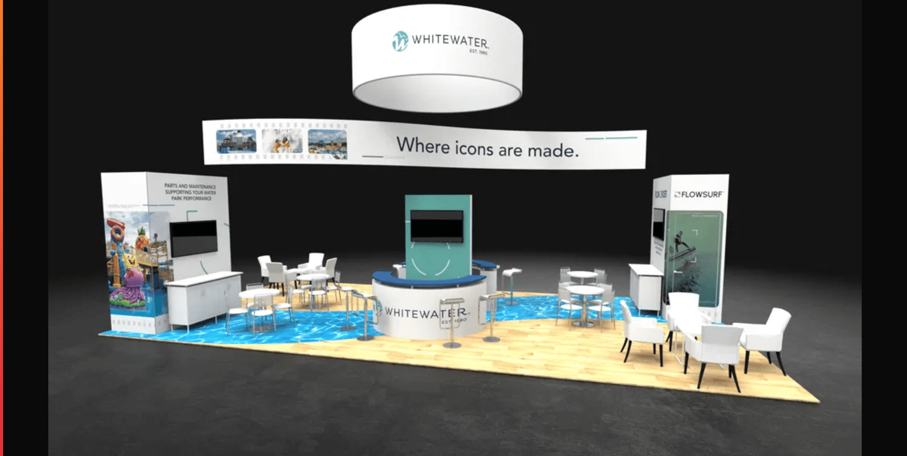 Presentation mode showing a full-screen 3D booth rendering