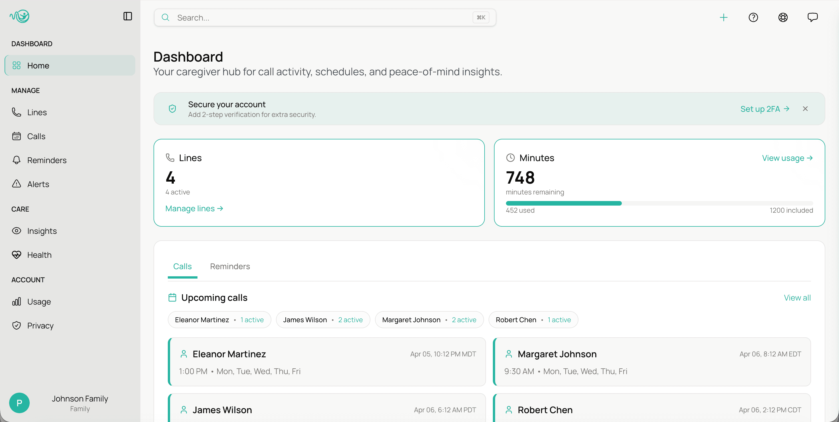Dashboard home for family members