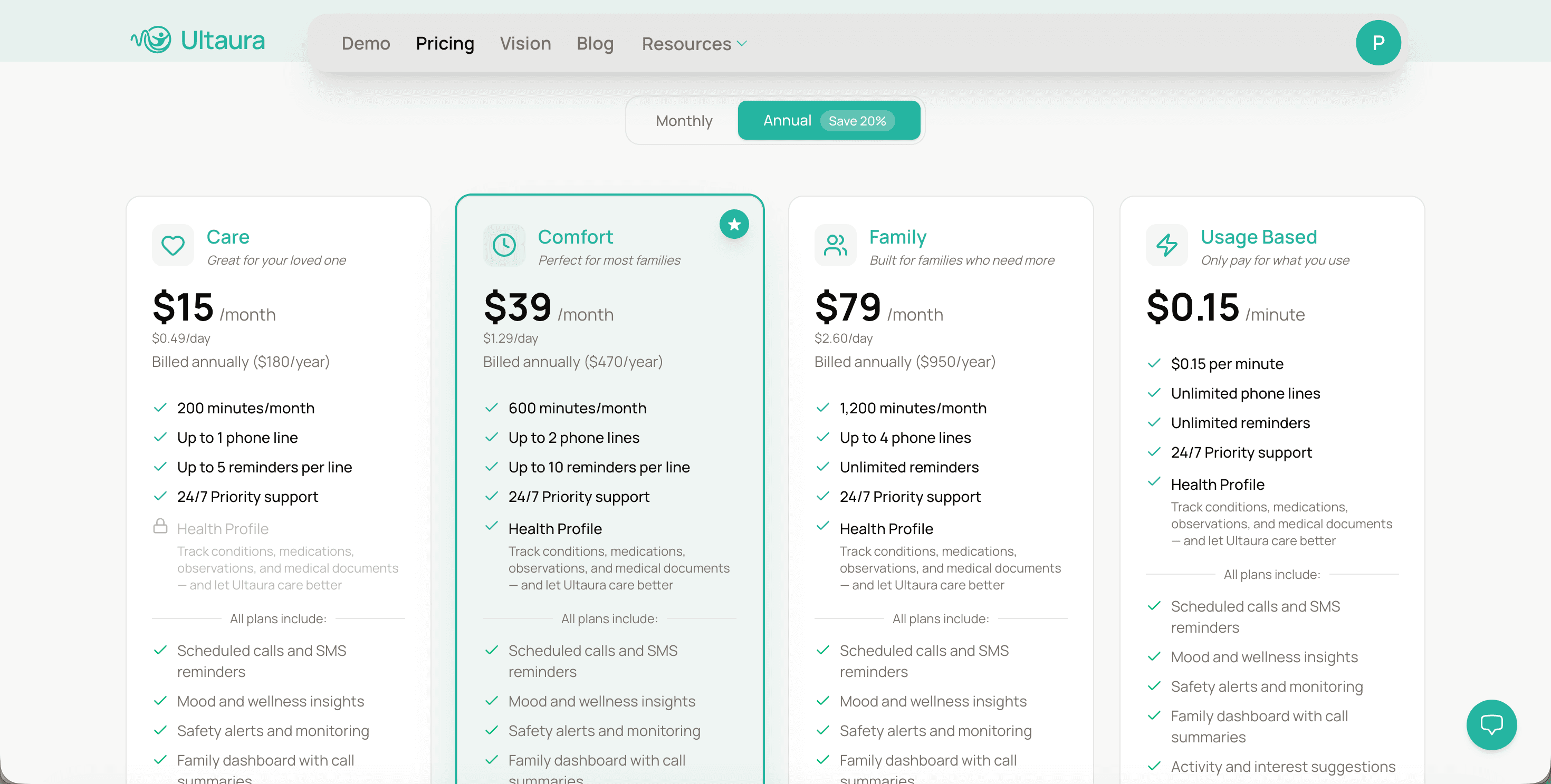 Pricing page with Care, Comfort, and Family plans
